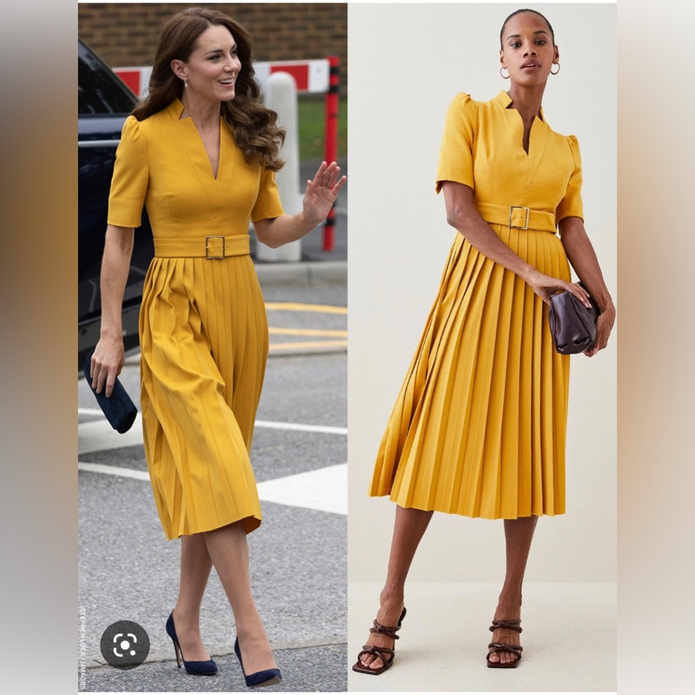 Karen Millen Forever Dress with Pleats, Ochre Yellow